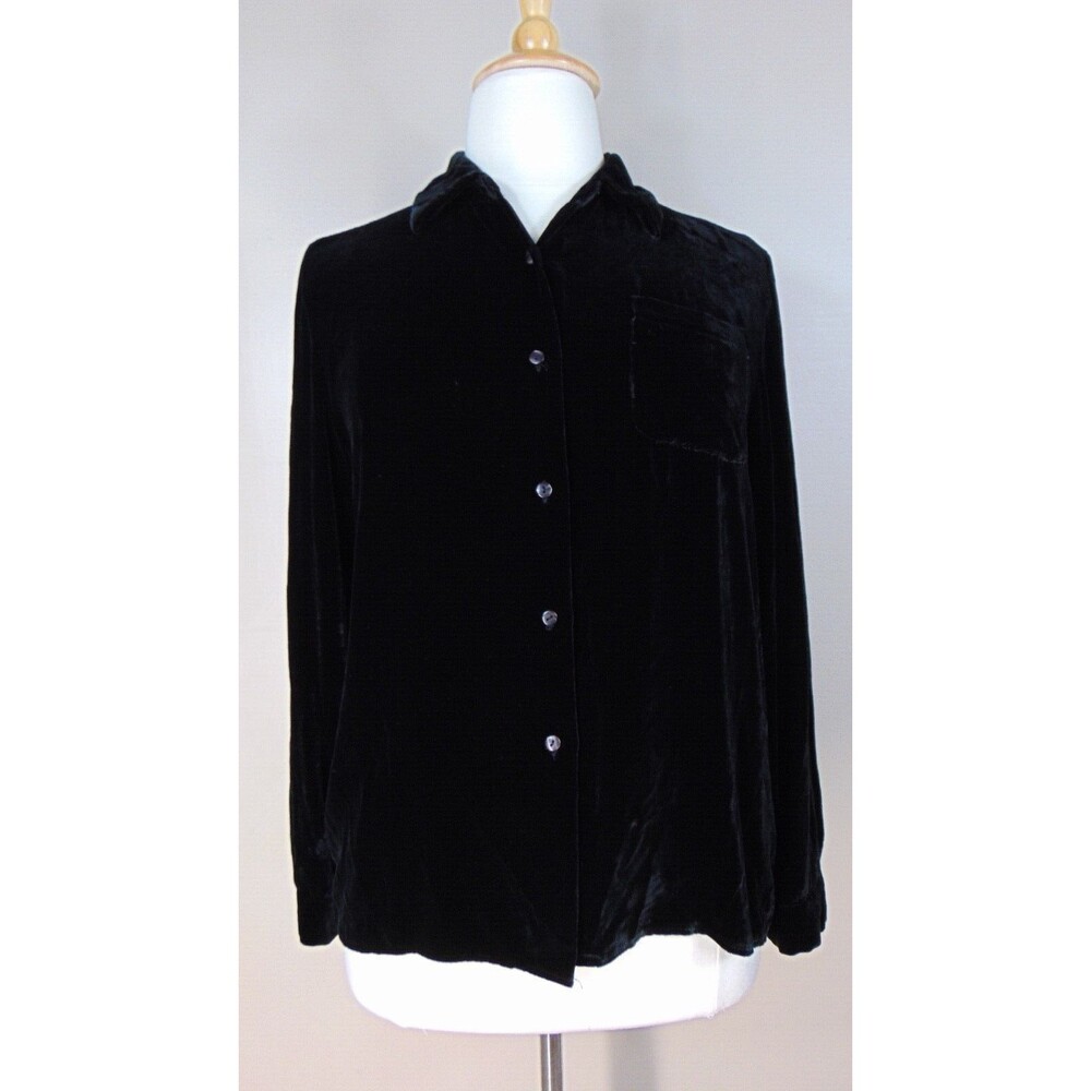 Vintage Y2k Black Velour Button Up Top Womens Size XL Long Sleeve whimsygoth 90s